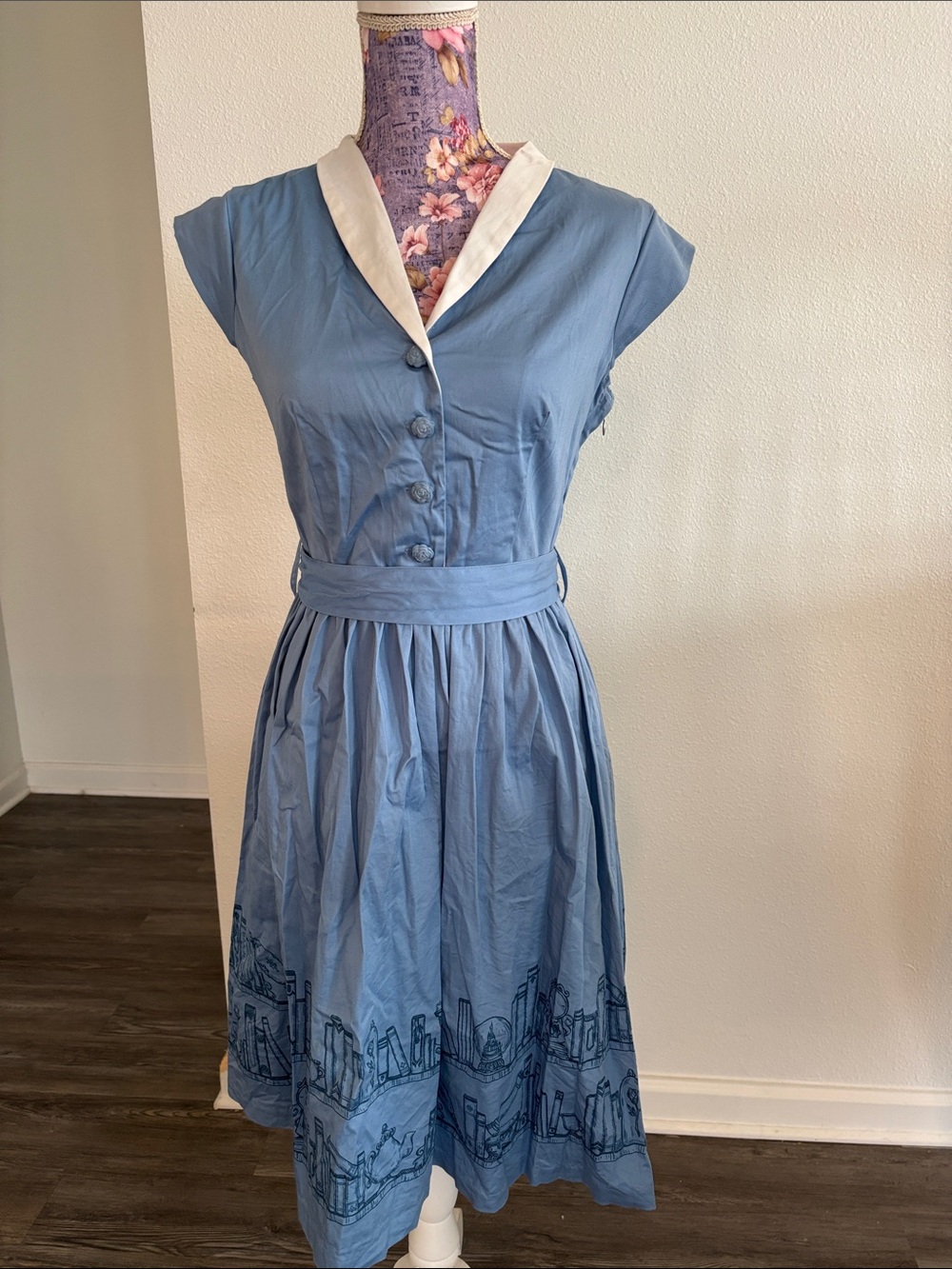 Rare Disney Beauty and the Beast Blue Fit-and-Flare Midi Dress with Cream Collar